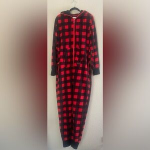 Tipsy Elves Red Black Buffalo Plaid Jumpsuit Unisex Pajama Size Large Fleece